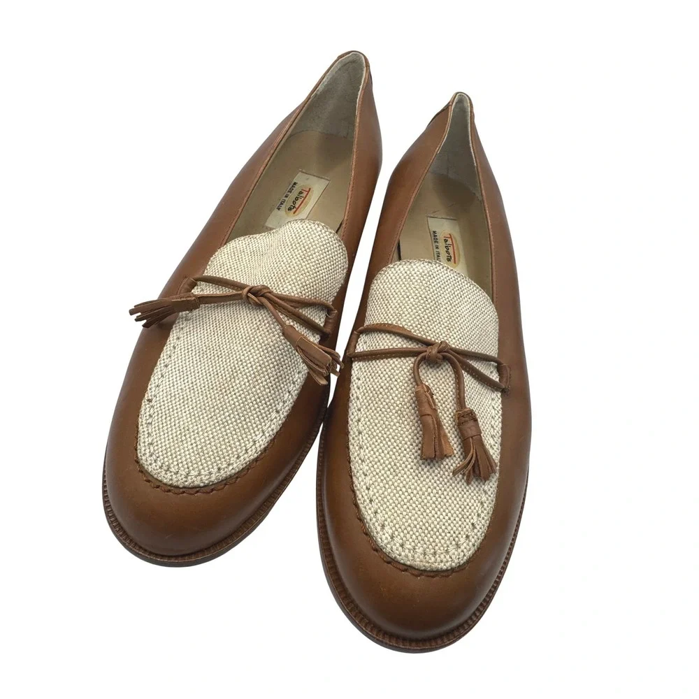 Talbots Womens 7.5W Brown Leather Canvas Tassel Loafers Made in Italy Vero Cuoio